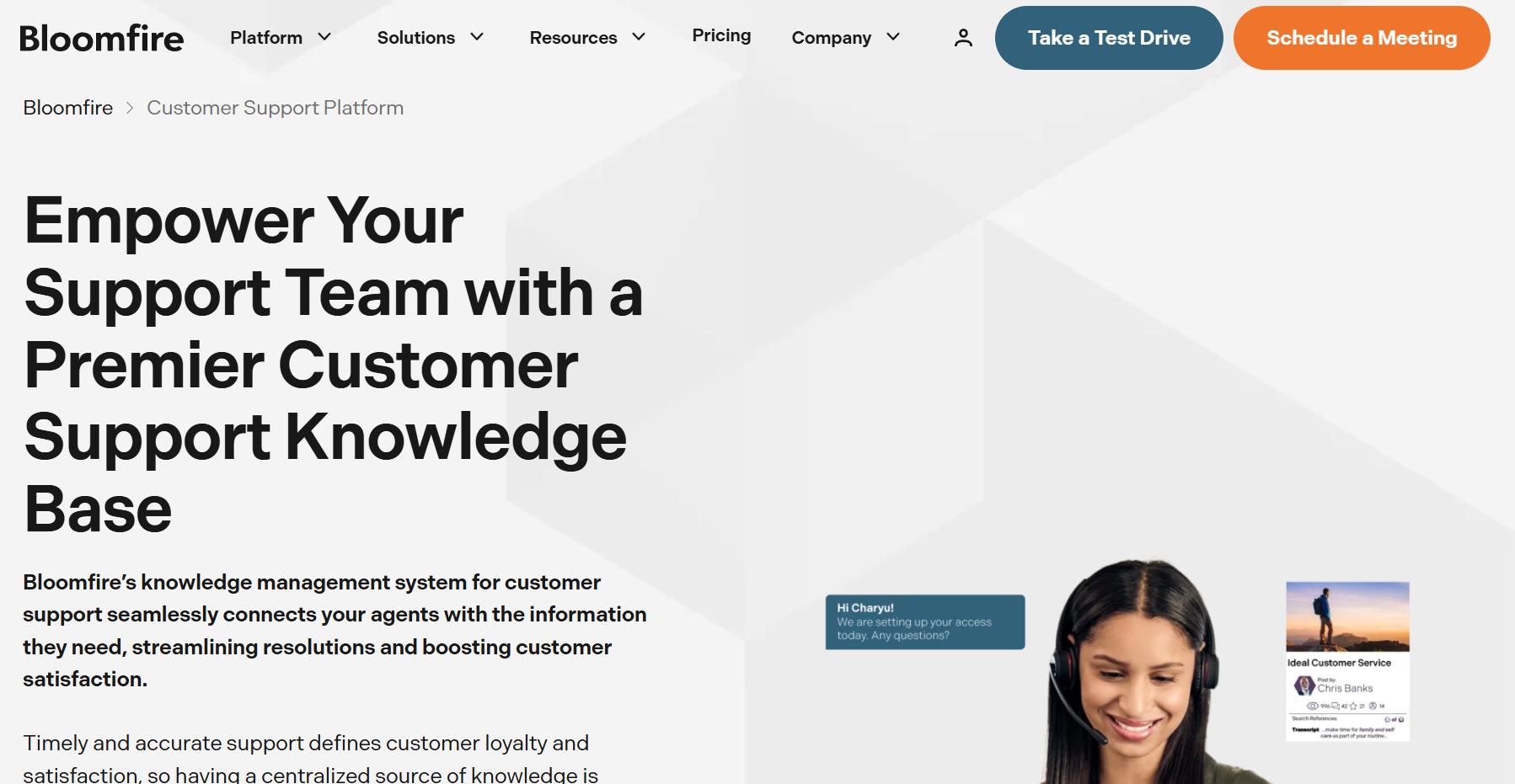 A screenshot of the landing page for Bloomfire's knowledge management system for customer support