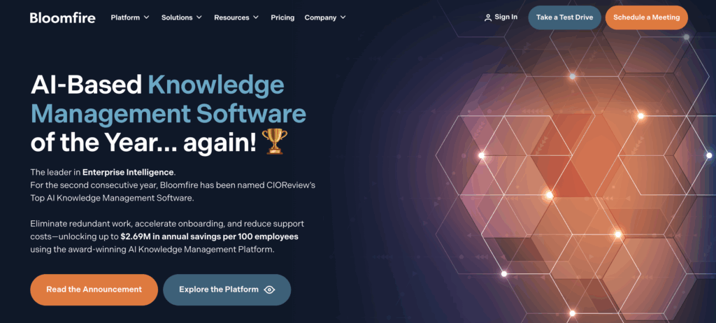 Bloomfire's homepage showcases its award as one of the best knowledge management software with AI capabilities
