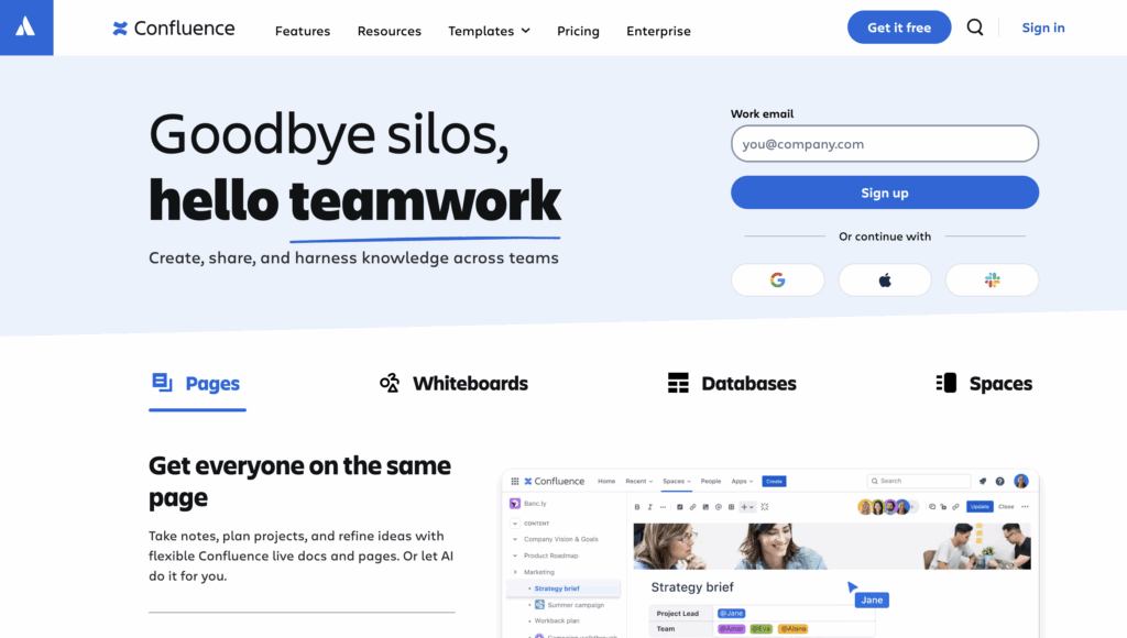 Confluence's homepage