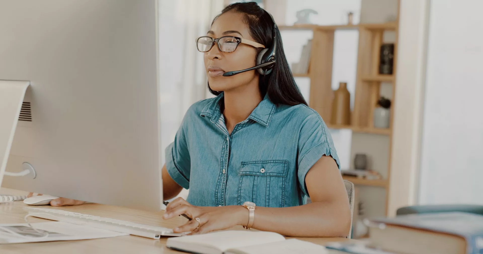 customer service employee working from home at virtual call center