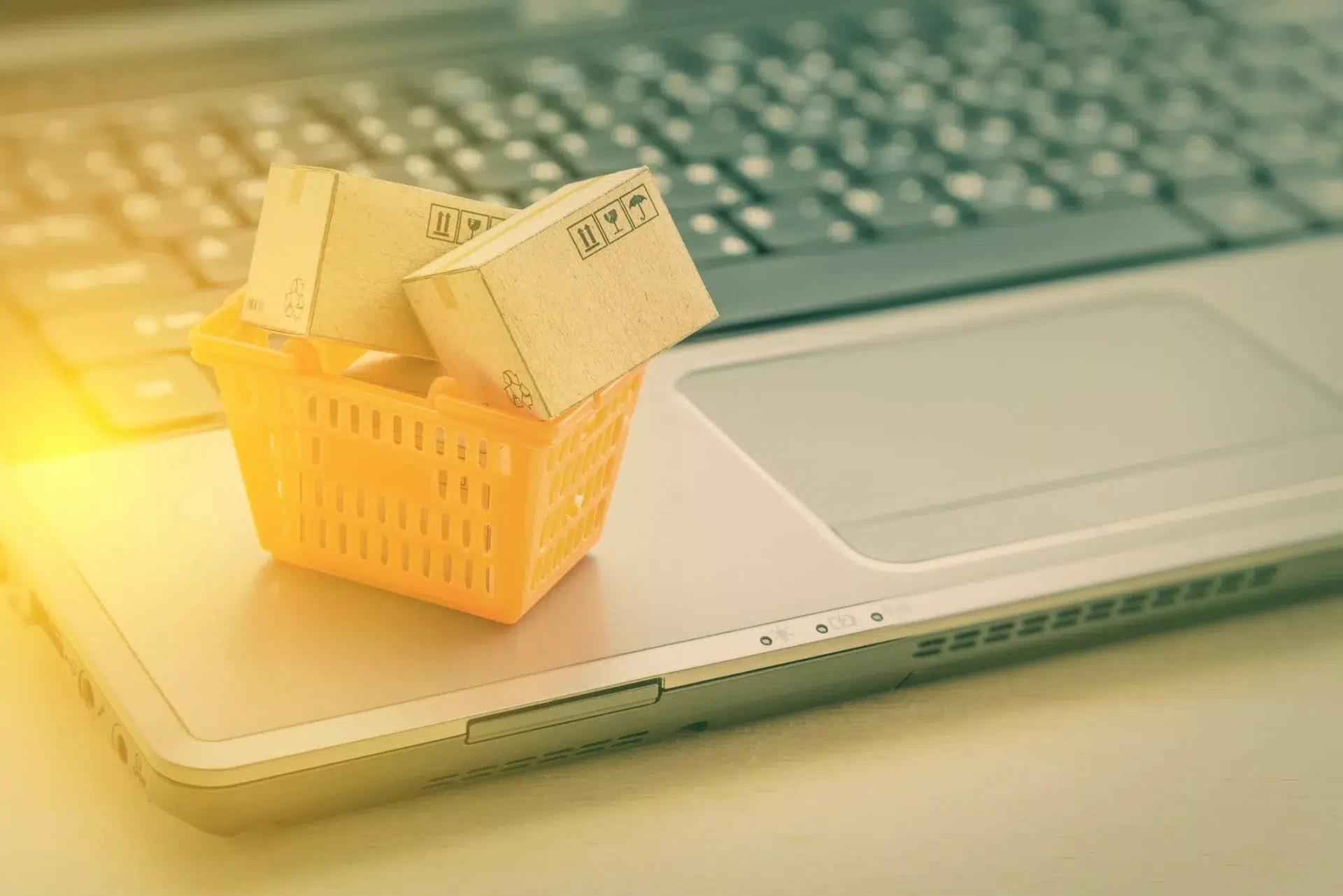 shopping basket and boxes on laptop representing knowledge management in retail