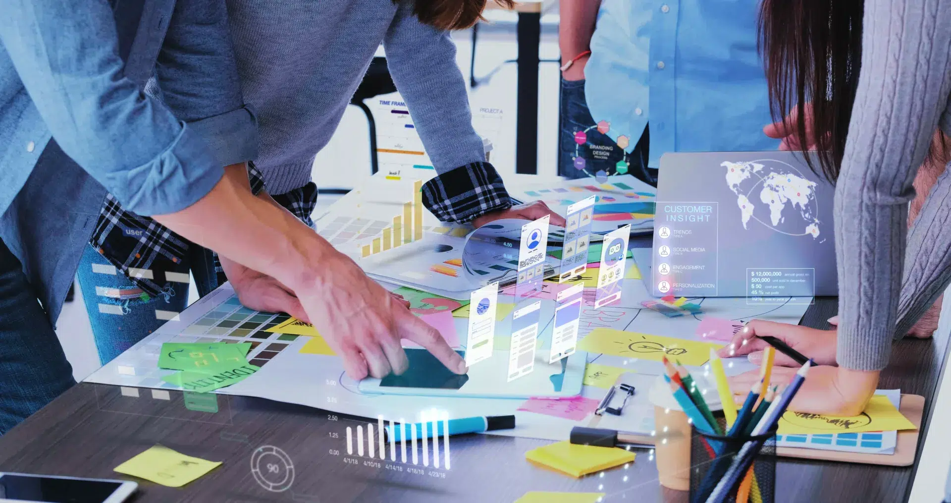 market research and ux team members collaborate around a table