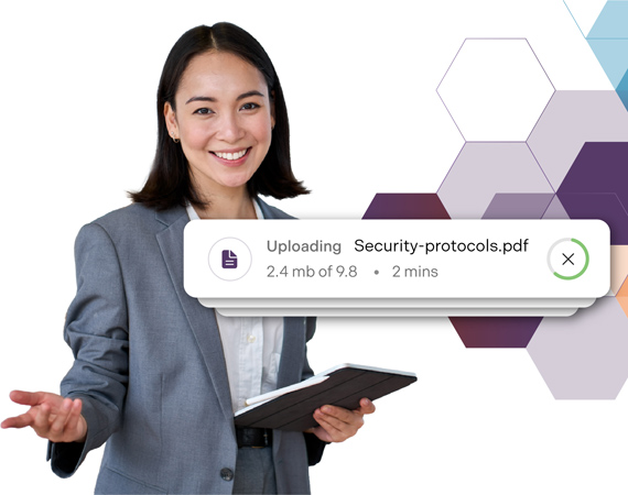 Woman in suite holding ipad uploading security protocols