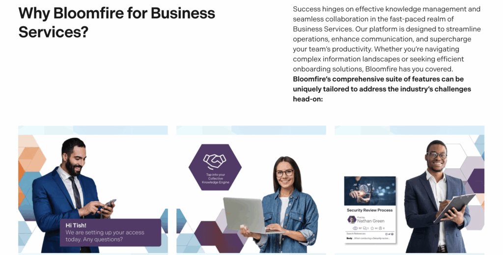 Bllomfire's knowledge management solution page for codifying knowledge in the business sector