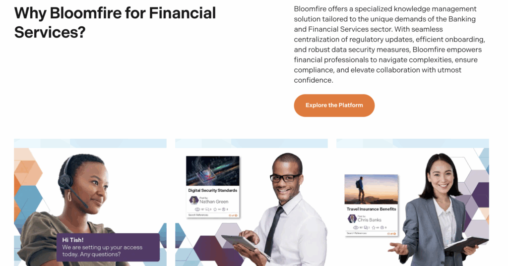 Bloomfire's knowledge management solution page for knowledge codification in finance organizations
