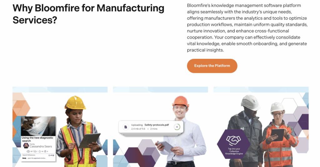 Bloomfire's knowledge management solution page for knowledge codification in the manufacturing industry