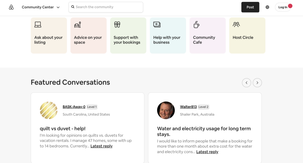 Airbnb's community center showcasing the conversation tabs among users