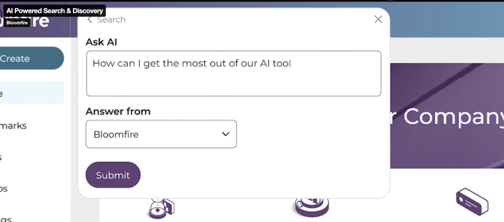 A screenshot of Bloomfire's Ask AI demonstrating its use of artificial intelligence in internal search.