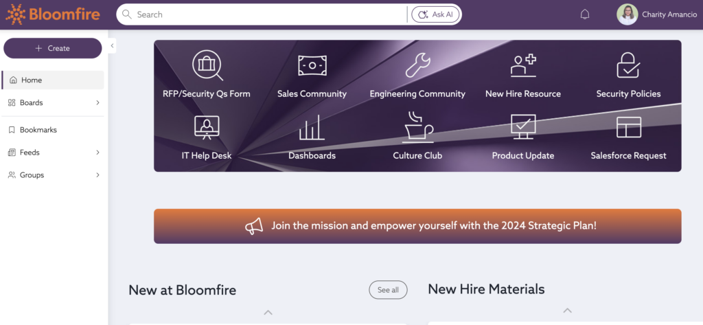 Bloomfire's interface containing knowledge management system features categorized based on resources