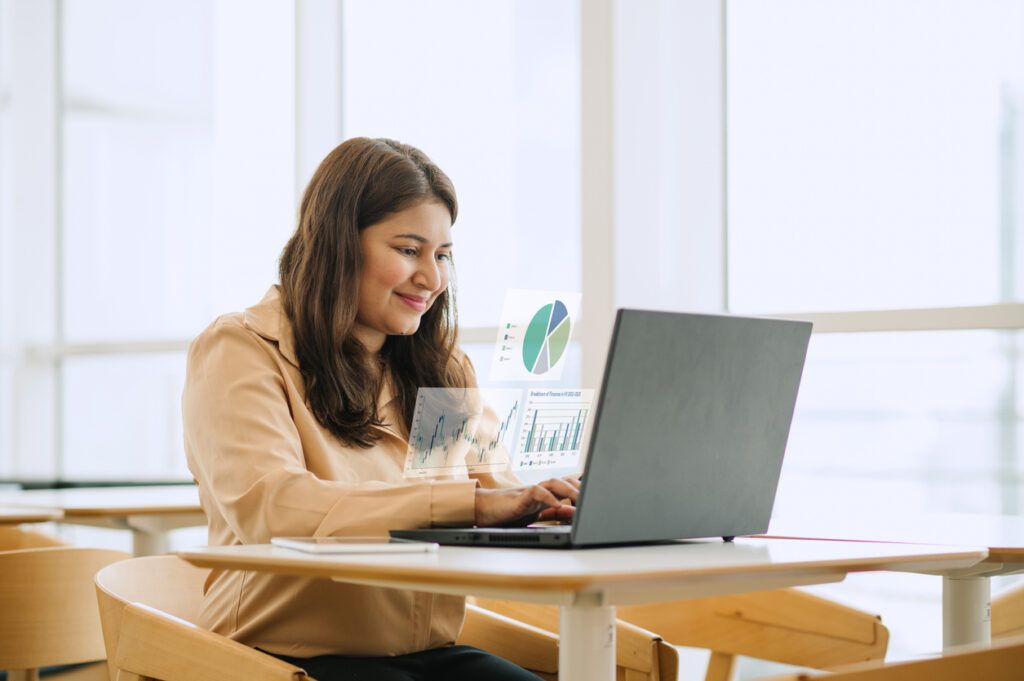 A woman using an AI enterprise search functionality to look for company knowledge