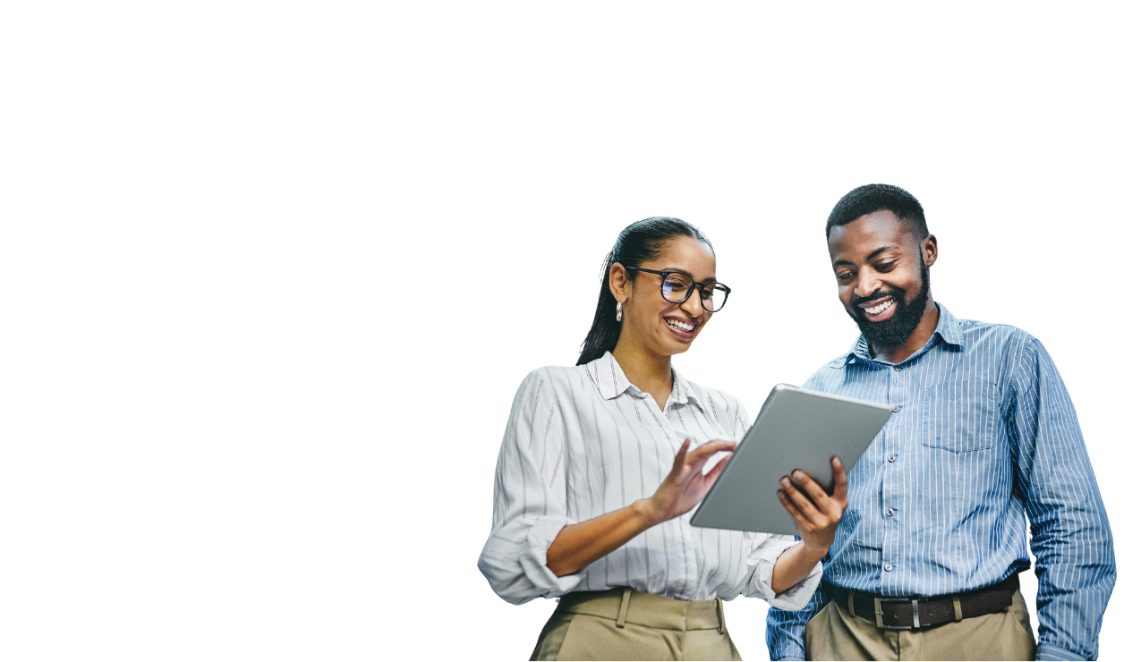 Two engineering colleagues looking at a tablet