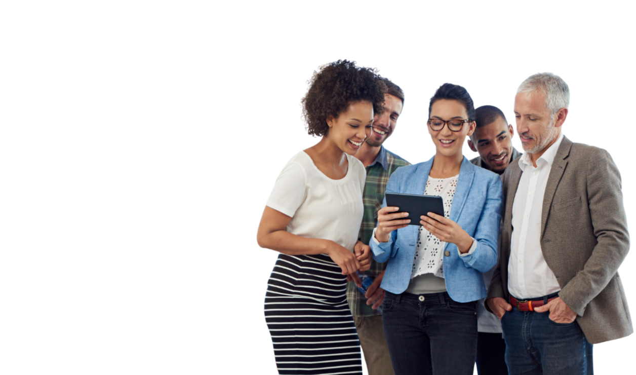 Group of colleagues gathered around female colleague holding a tablet