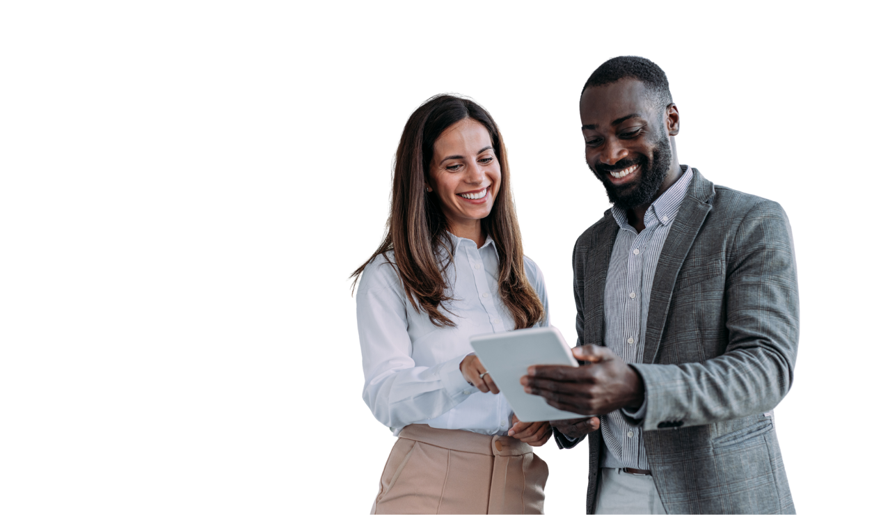 Two human resources colleagues looking at a tablet and smiling