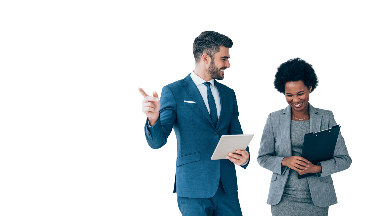 Two colleagues in suits smiling and pointing