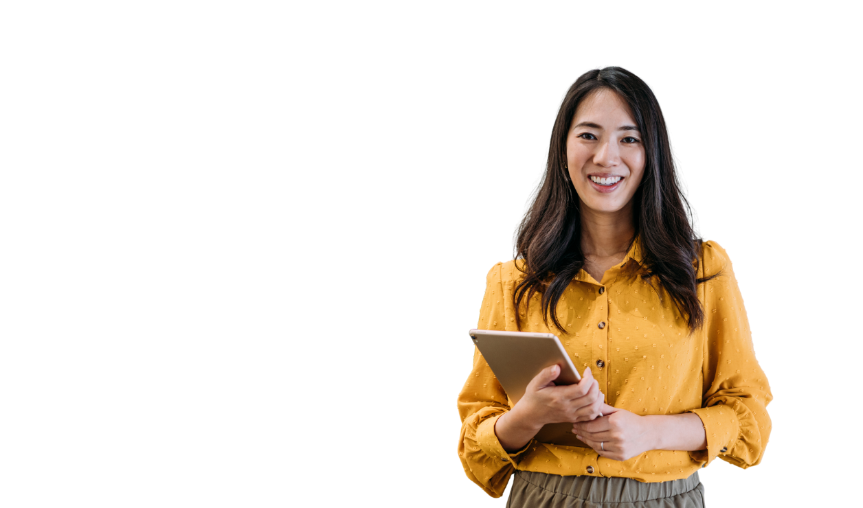 Smiling woman in yellow shirt holding a tablet