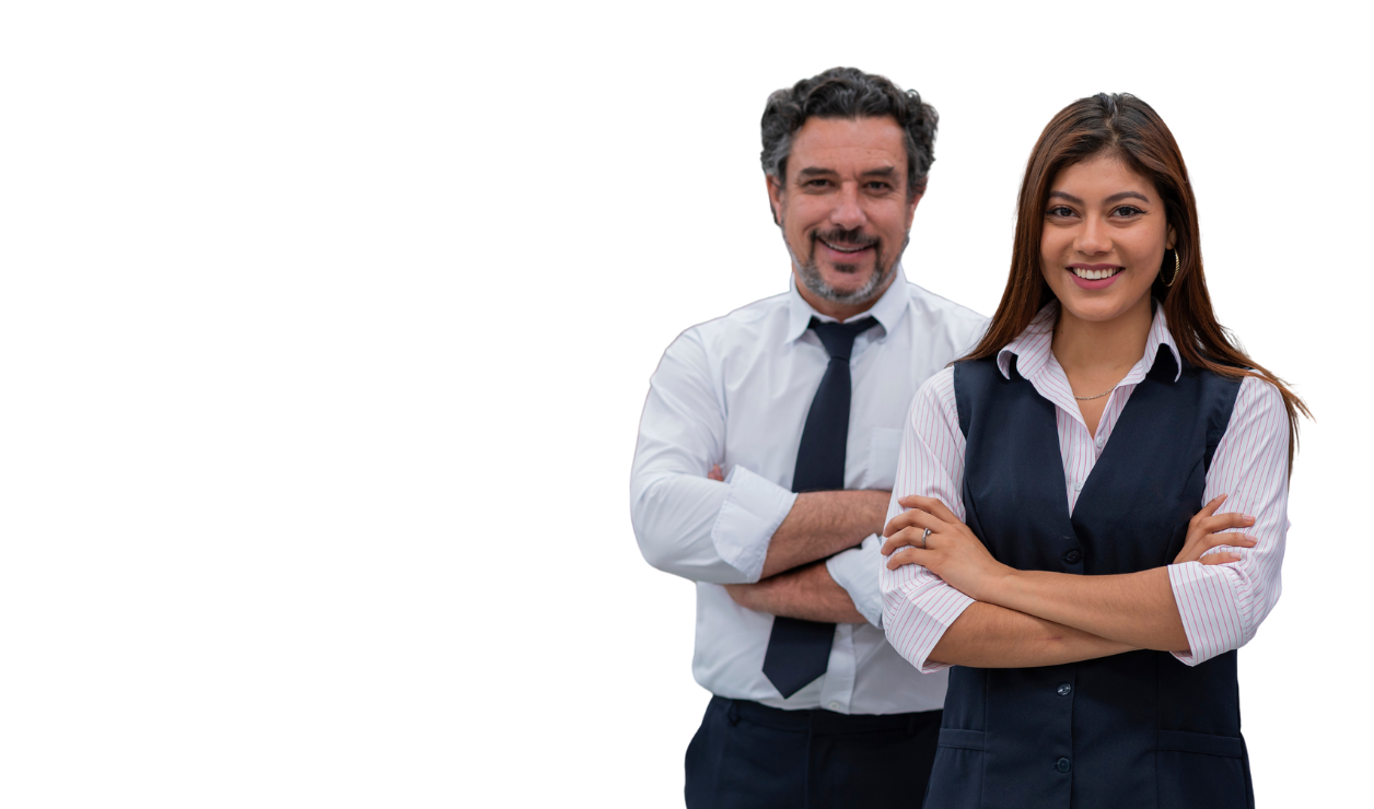 Two retail operations employees smiling with arms crossed
