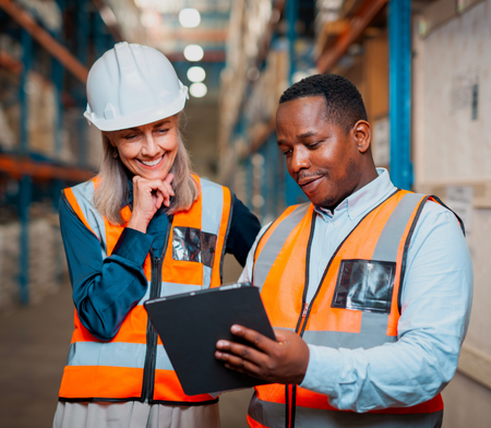 Two supply chain workers in hard hats and safety vests looking at a tablet