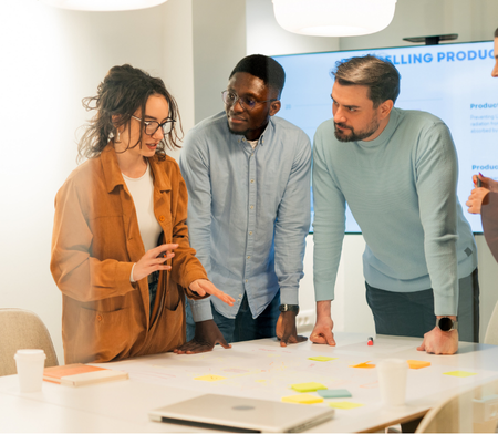 Product management team in a board room discussing something
