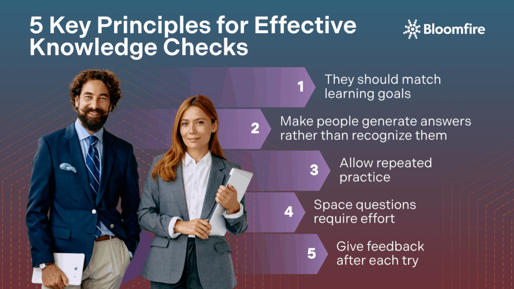 The five principles of effective knowledge checks presented in a numbered list