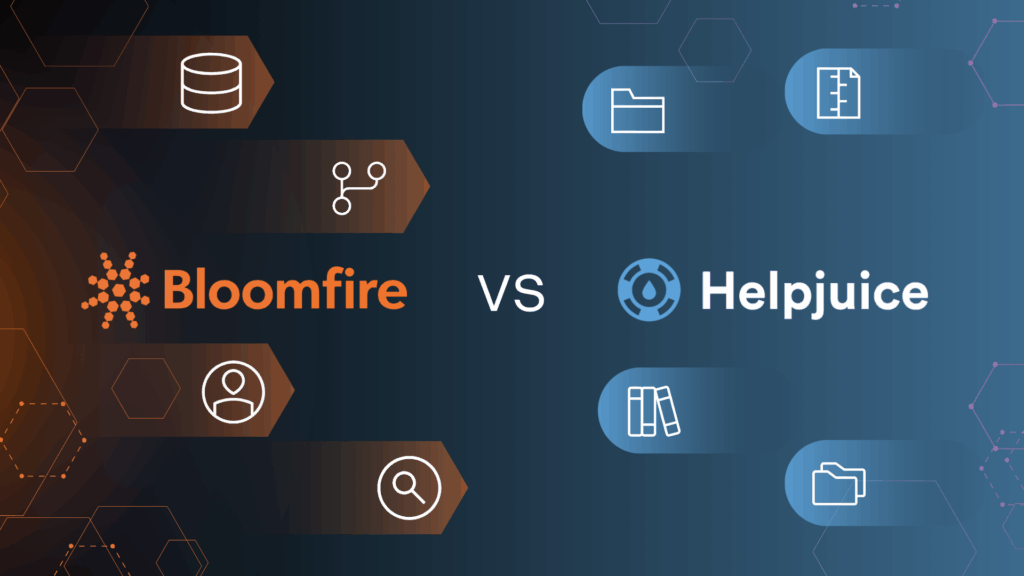 An infographic of Bloomfire vs. Helpjuice, with icons of eaftures that compare the two knowledge management, as a supplement for the blog post on what is Helpjuice.