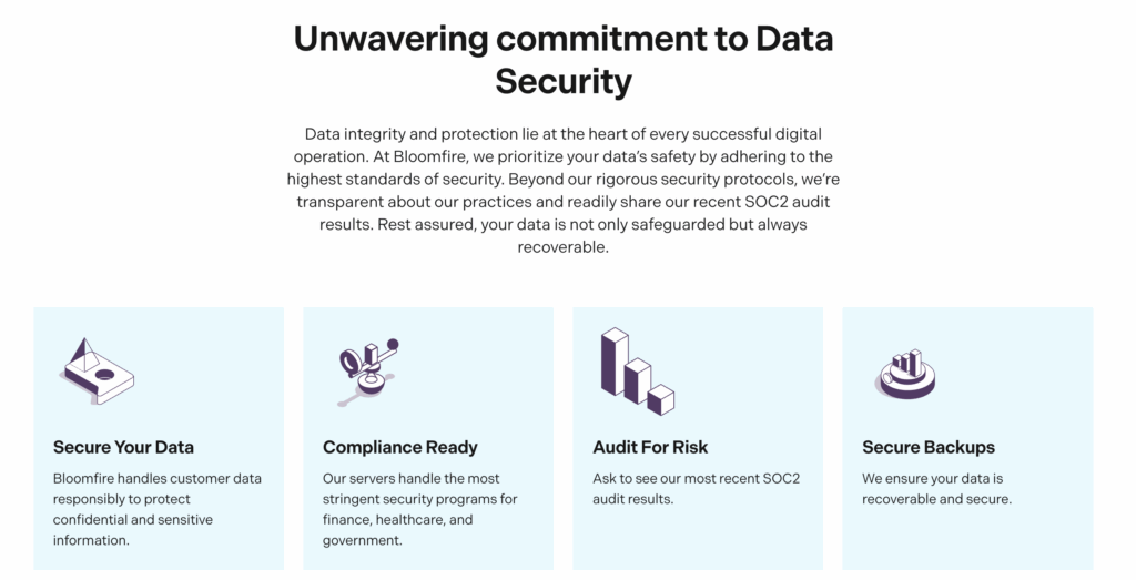 A screenshot of Bloomfire's page for its data integrity and security features