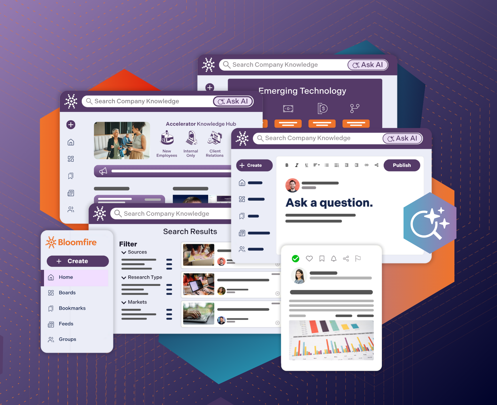 Image with screenshots of Bloomfire UX elements