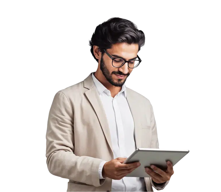 Man in glasses holding a tablet.