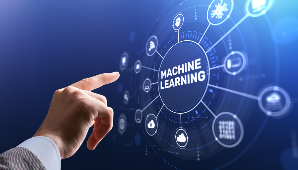 A hand touching a digital interface with 'MACHINE LEARNING' at the center, surrounded by connected icons representing data, cloud, and AI technologies that illustrate machine learning workflows.