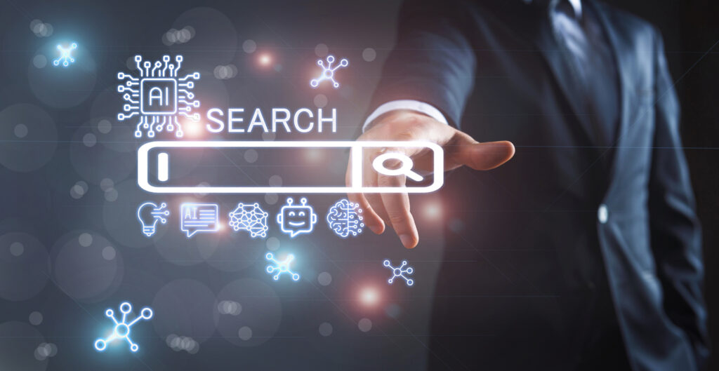 A businessman touching a digital AI search bar surrounded by icons for neural networks, chatbots, and data, symbolizing the evolution of enterprise search and the growing role of generative AI in enterprise search.