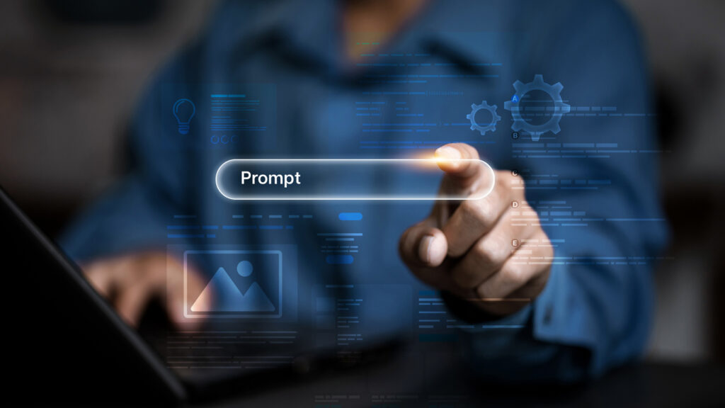 A person interacting with a digital interface showing a 'Prompt' search bar surrounded by icons for images, code, and settings, representing the process of verifying an AI answer.
