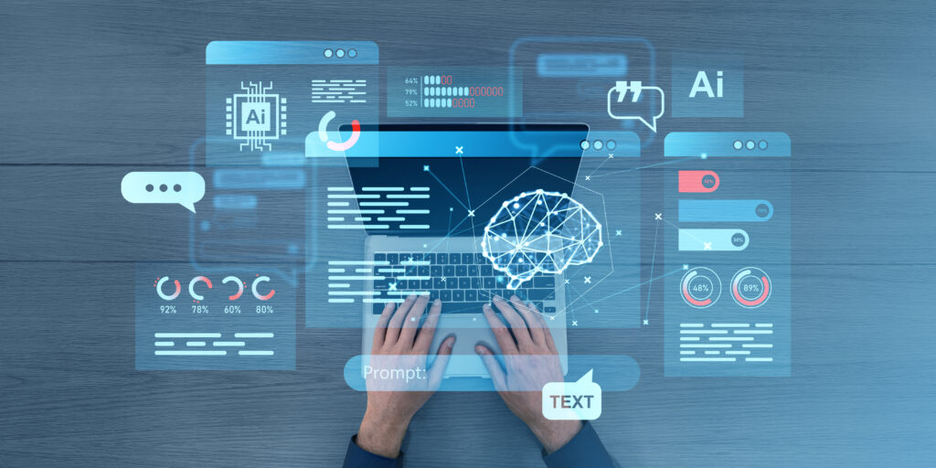 Close-up of hands typing on a laptop keyboard with an overlay of a digital brain icon, code snippets, and labels like "Generate Content," "Generate Image," and "Assistant," representing the data processing and generative capabilities of a semantic model.