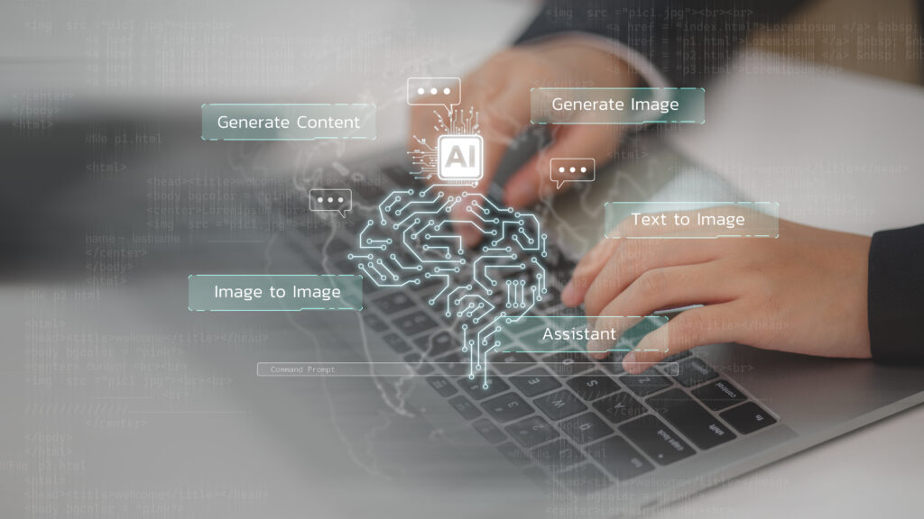 Conceptual illustration of AI capabilities overlaid on a photo of hands typing on a laptop keyboard, with a glowing circuit-pattern brain icon and an 'AI' chip graphic. Surrounding text labels read 'Generate Content,' 'Generate Image,' 'Text to Image,' 'Image to Image,' and 'Assistant,' with a 'Command Prompt' bar below and faint HTML code overlaid in the background. While this graphic represents general AI functionality rather than a semantic model specifically, it evokes the underlying AI-driven logic that powers structured data tools like a semantic model.