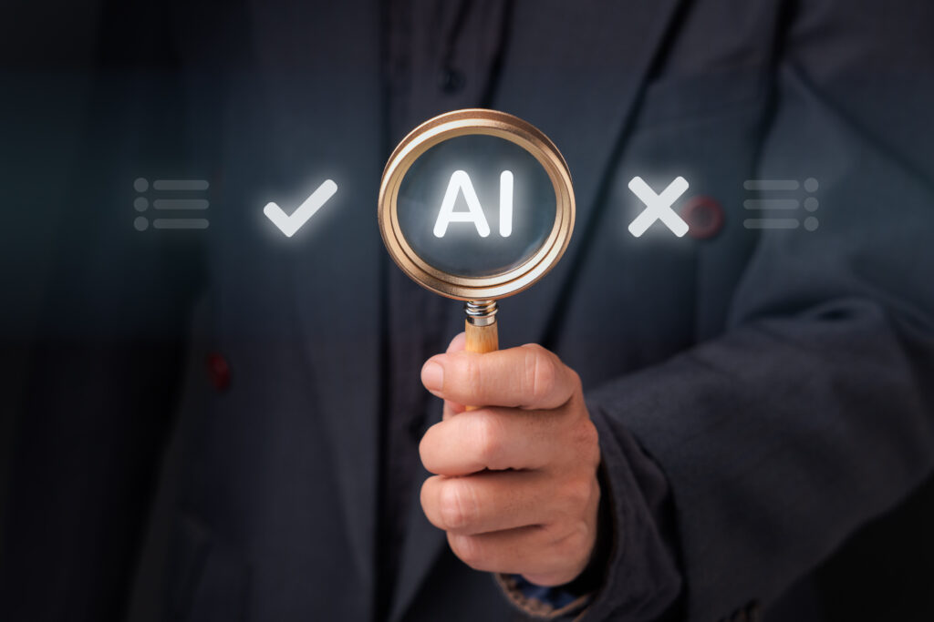 Businessman holding a magnifying glass over an AI icon flanked by a checkmark and an X, symbolizing conflicting content detection for validating accurate versus inaccurate AI answers.