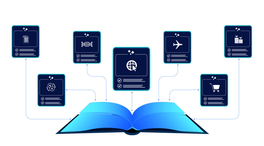 An illustrated open book connected to seven glowing cards representing different content categories, such as finance, travel, tech, and shopping, symbolizing how a self-healing knowledge base automatically organizes and validates knowledge across domains.