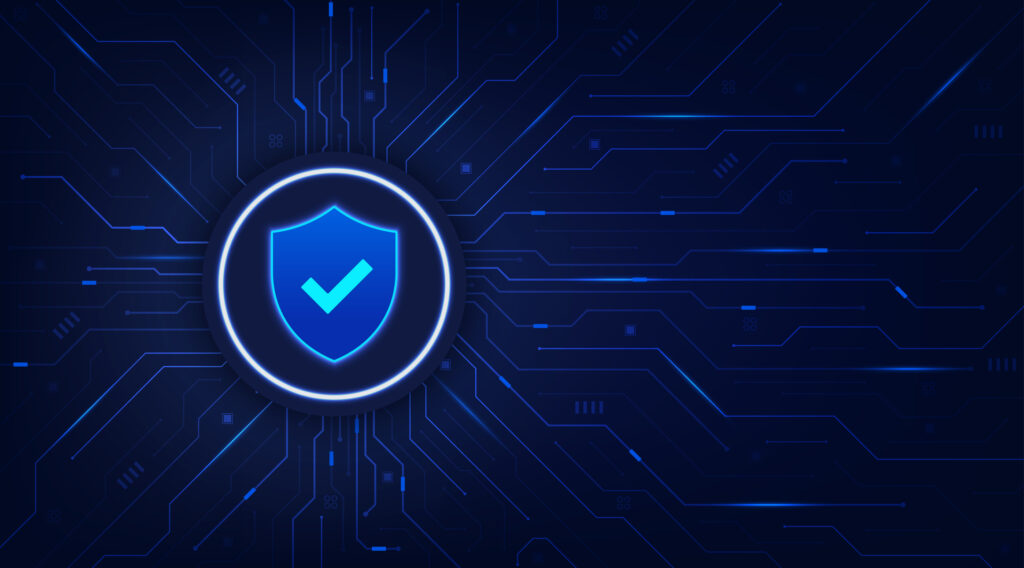 Blue circuit-board background with a glowing shield and checkmark icon symbolizing content reliability and trusted, verified data at scale.